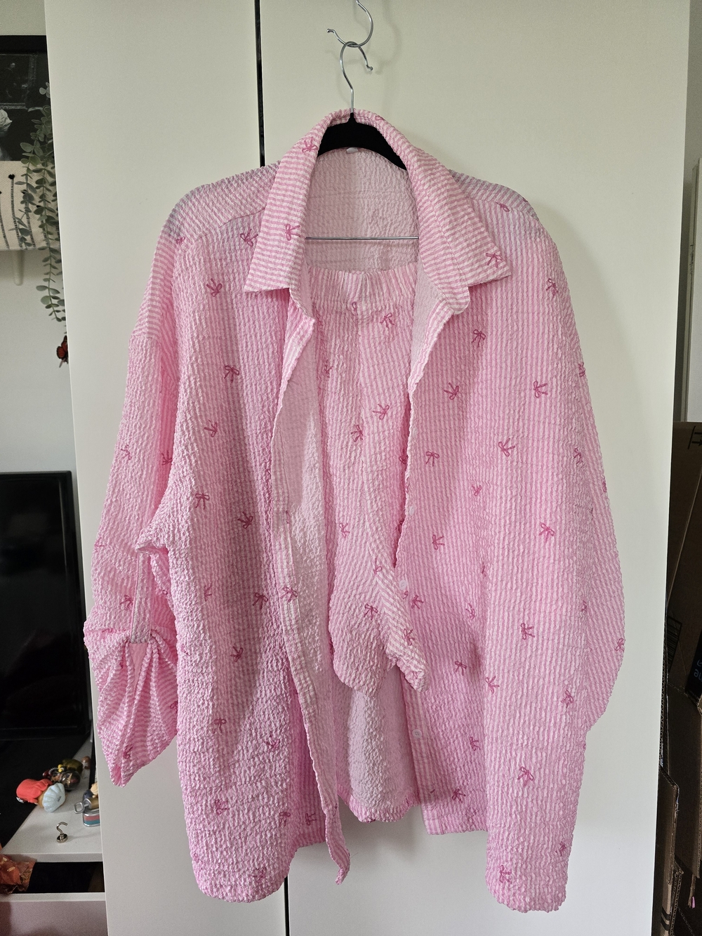 Pink Striped Seersucker Button-Up Shirt And Short Set